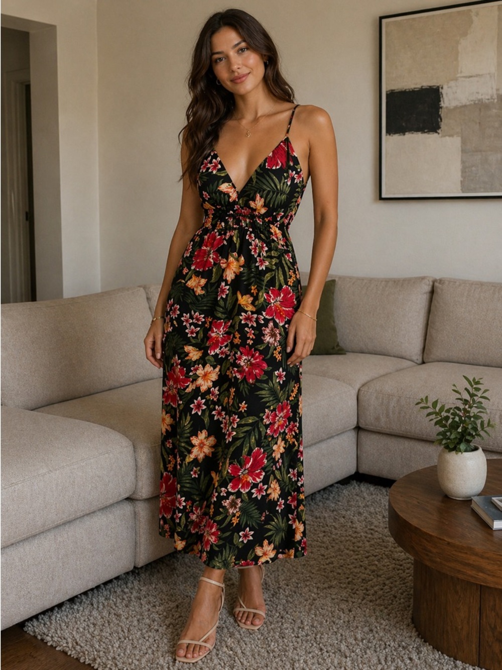 Black Floral Maxi Dress with Red & Yellow Blooms with Adjustable Straps.